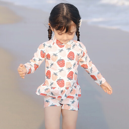 New long-sleeved sunscreen children's swimsuit strawberry cute baby swimsuit girl beach surf split suit grass 4 recommended height 75-85cm