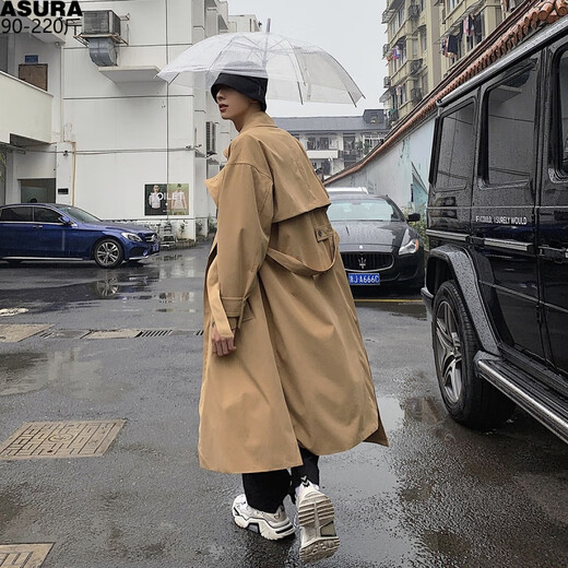 Mid-length windbreaker for fat men plus size plus size trendy coat Korean style casual loose over the knee spring and autumn Hong Kong style 8825 Khaki XL 170-220Jin Jin is equal to 0.5 kg