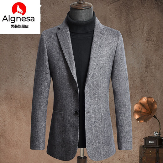 AIGNESA autumn and winter high-end wool suit men's herringbone wool casual suit tweed slim single suit woolen top jacket herringbone gray 190/104XXXL