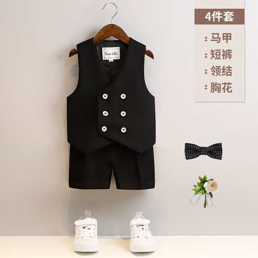 泡泡橙（BUBBLE ORANGE）儿童礼服夏装短袖男童西装套装马甲帅气小男孩周岁生日花童演出服 藏蓝4件套(马甲+短裤+胸花+领结) 100码(建议体重28-35斤)