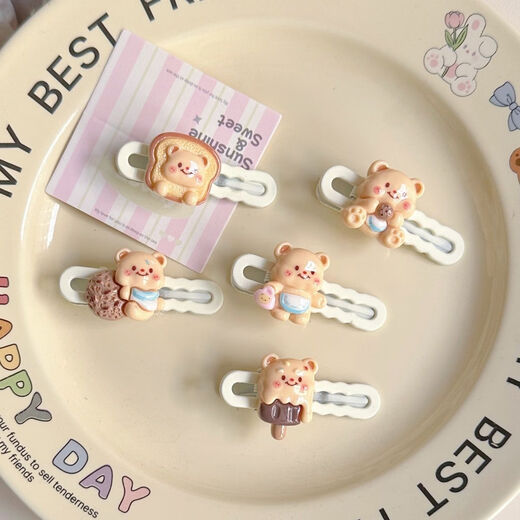 Qindu Cookie Bread Butter Bear Hairpin Cute Bangs Hair Accessories Headband Duckbill Girl Pink Cartoon Clip SN86 Value Set of 5 (1 each)
