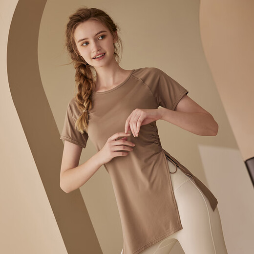 Kong Yu's high-looking sports top for women running yoga short-sleeved Pilates butt-covering breathable fitness T-shirt suit summer pink top + milk coffee pants L