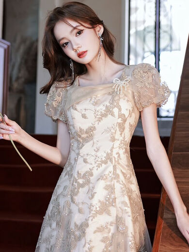韦戒礼服女宴会晚礼服高档小个子高端晚2024新款香槟色气质名媛轻奢小 香槟色 S