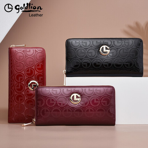 Goldlion handbag women's long wallet fashion glossy leather wallet multi-functional women's zipper cowhide clutch mother bag black exquisite gift box