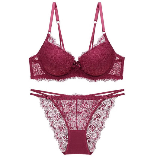 XMXT Zodiac year lace beautiful back underwear set for women thin small chest flat chest push-up push-up bra burgundy 75B
