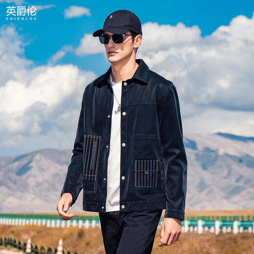 英爵伦（Enjeolon）英爵伦 秋季男士帅气PU皮衣 复古休闲翻领机车皮夹克条纹外套 黑色 170/100A(M)
