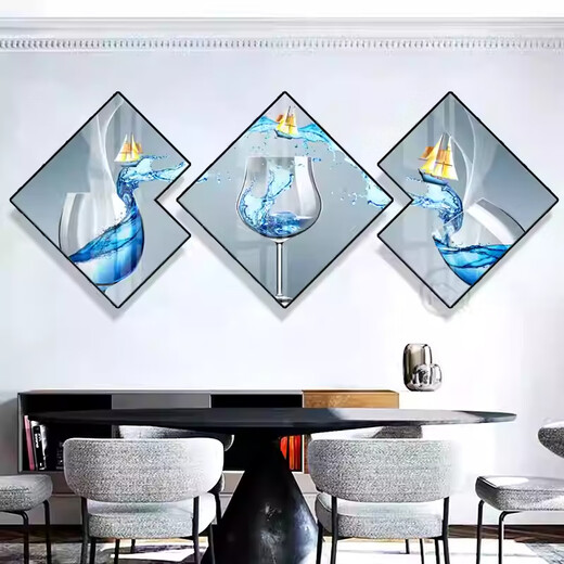 奥瀚现代餐厅装饰画创意酒杯多边菱形画歺厅餐桌背景墙挂画饭厅墙壁画 JD15832 40*40/40*40/40*40 纹理油画布铝合金黑框