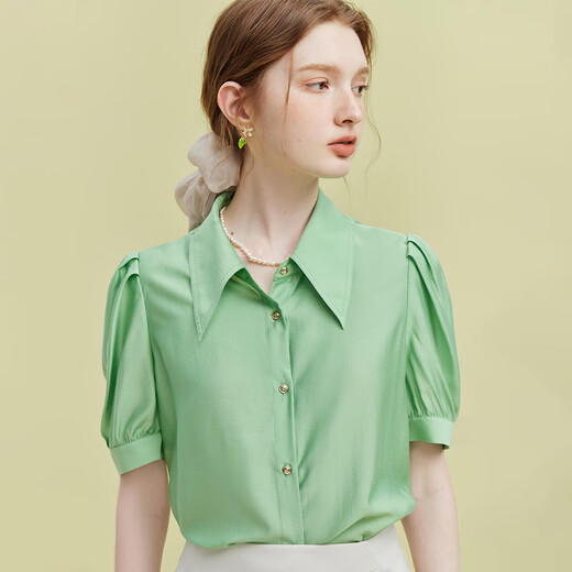 范思蓝恩23FS12596法式尖领短袖衬衫女夏新款泡泡袖显瘦上衣 新叶绿 S