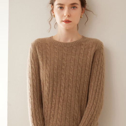 Mushi cashmere sweater women round neck cashmere sweater women solid color cork knitted base shirt thick new LL829R elegant camel 2XL