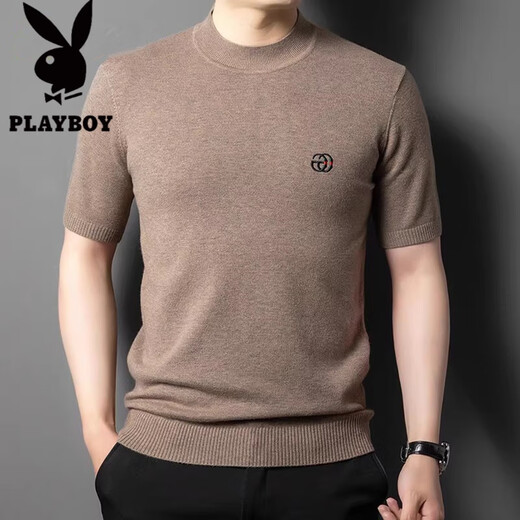 花花公子（PLAYBOY）针织半袖男春秋冬款羊毛衫短袖毛衣加厚冬季男士五分袖厚款土t恤 12121黑色 L 建议120-140斤