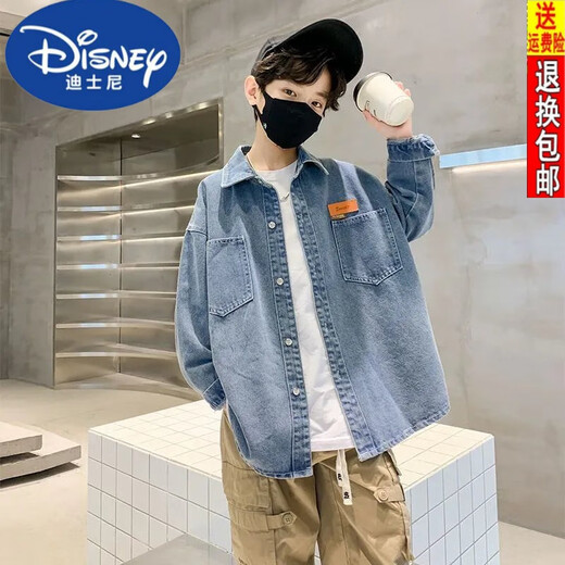 Disney Boys Denim Shirt 24 Spring and Autumn New Fashionable Medium Large Children's Top Casual Jacket Handsome Trendy Long Sleeve Blue 130