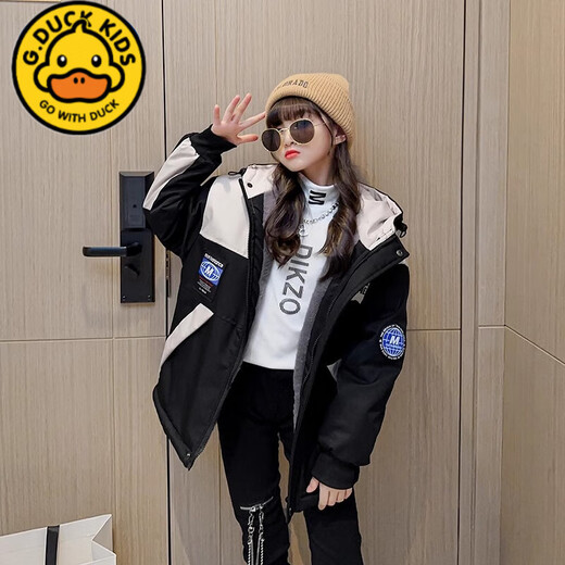 G.DUCKKIDS girls' coat plus velvet autumn and winter cotton coat 2024 new thickened warm park over big children's internet celebrity hooded cotton coat off white girls M plus velvet coat 150 recommended height 140-150cm 9-10 years old