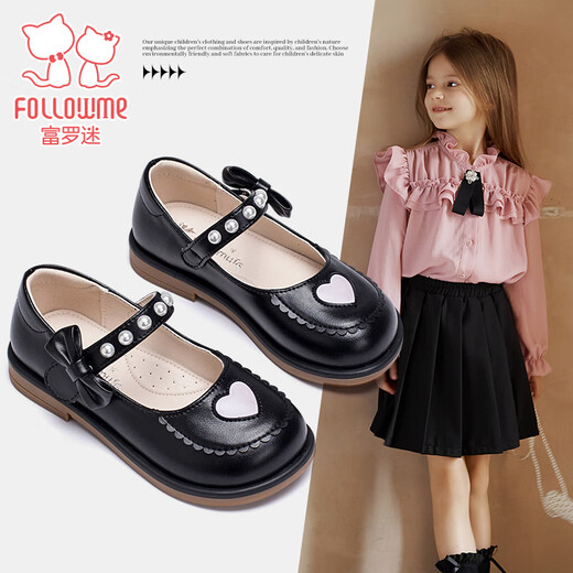 Fuluo Mi Girls Small Leather Shoes Spring and Autumn New Style Fashionable Performance Princess Shoes Black 35