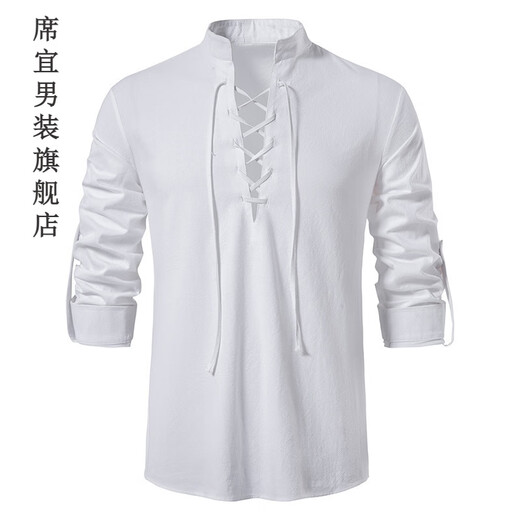 席宜2024男式领系带长袖亨利衫纯色棉麻宽松休闲男士立领衬衫 白色 S