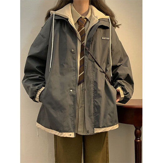 QGF fake two-piece assault top jacket for women spring and autumn thin small loose casual new baseball uniform trend jacket gray M