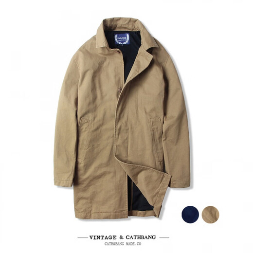 JEEP SPIRIT吉普春秋男款潮流欧美翻领工装纯棉风衣美式复古中长款休闲外套男 深蓝色 单衣款(现货) S -适合体重120斤内