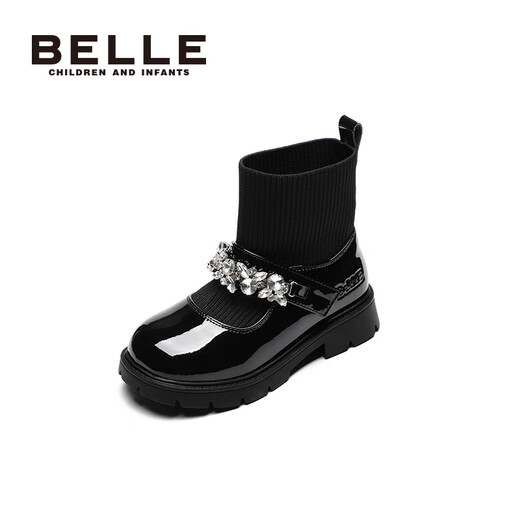 Belle Children's Shoes Girls Princess Boots 2024 Autumn Short Boots Mary Jane Shoes Stretch Socks Boots Obsidian Black 30