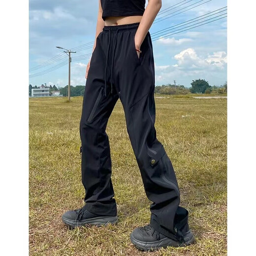 QGF Mountainering-Ladungshose für Frauen im Frühling und im Herbst, gerade lose Hose Sport Casual und Mode Micro-Flare-Arbeitshose QT701-K8021 Black L.
