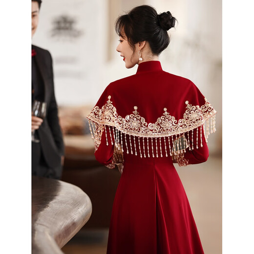 QIANSUIHONG 2025 New Chinese Style Cheongsam Toast Wear Bridal Red Tassel Shawl Wedding Engagement Dress Evening Dress Women LDS Ankola Burgundy Long Sleeve XL
