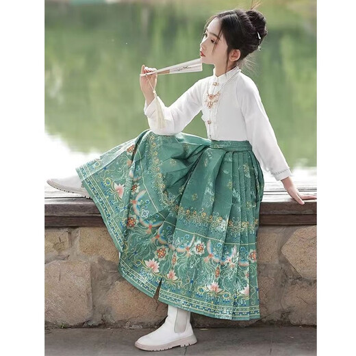 
Lekali [with necklace] Children's horse-faced skirt girls Hanfu modified ancient style suit girls Chinese style ancient costume Ming style long sleeve suit height 160cm [Gift necklace]