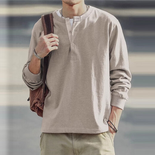 Kuraishi Kazuki Japanese fashion brand pure cotton Henley collar long-sleeved T-shirt men's bottoming shirt autumn and winter loose sweatshirt Henley top men sand gray XL