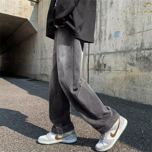 
Kefeiwo pants men's American gradient jeans men's niche design American high street vibe straight loose floor trousers decent - 9902 black and gray (belt style) M (recommended weight 95-110Jin [Jin equals 0.5 kg])