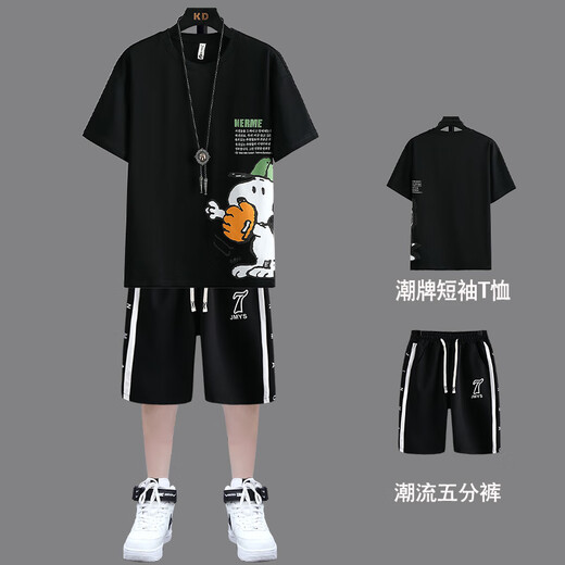 诚婕青少年短袖短裤套装男孩子夏季t恤大童初中学生新款潮流运动休闲 两件套【15816白色+短裤】 L 170 适合96-110斤