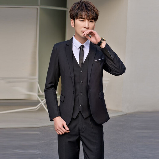 vocacool西服套装男三件套商务休闲职业正装结婚礼服大码西装学生西服外套 黑色西服外套+裤子+白衬衫+领带 L/106-119斤