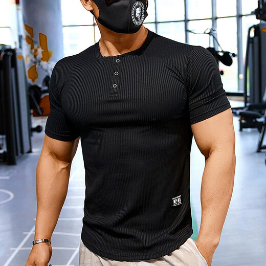 Lutielang sports tights short-sleeved round neck T-shirt quick-drying elastic training fitness clothes coach work clothes gray L