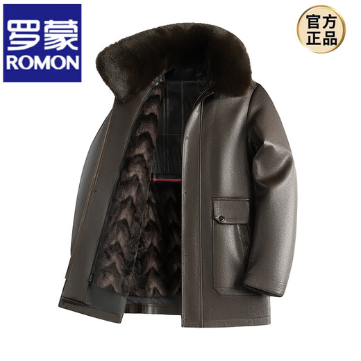 ROMON Dad's Winter Fur Collar Leather Jacket Middle-aged and Elderly Men's Winter Warmth and Velvet Thickened Leather Jacket New Product Brown Color Inner Fur Collar - Removable 195/4XL Weight 170-190Jin Jin is equal to 0.5 kg
