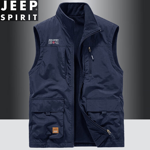 
JEEP SPIRIT stand-up collar vest for men wearing fleece slim fit large size workwear multi-pocket vest middle-aged vest Khaki 677A short velvet plus 3XL