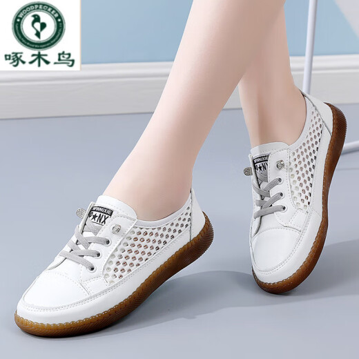 Woodpecker beef tendon sole genuine leather mother's shoes summer breathable single shoes lightweight slip-on casual shoes soft sole soft surface women's small leather shoes brand off-code special-price/beige brand off-code special-price/35