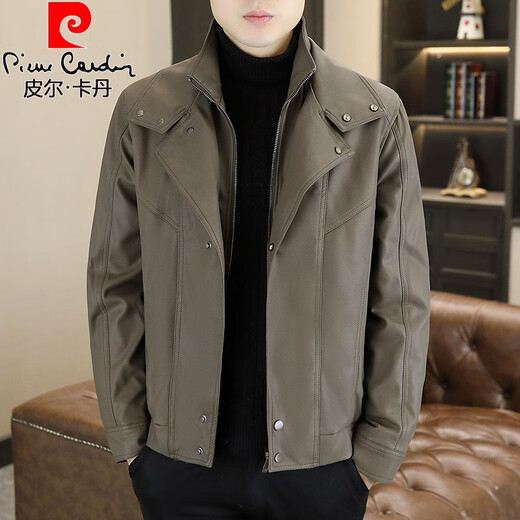 皮尔卡丹（pierre cardin）冬季加绒皮衣男痞帅个性西装领假两件感皮夹克防风机车服外套 卡其/ 加绒 L 90-110斤左右