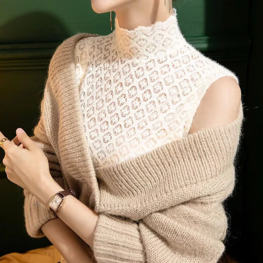 锦人初气质性感立领蕾丝打底衫女磨毛无袖春秋内搭格子高领背心内搭上衣 #1048杏色 S  建议80-95斤