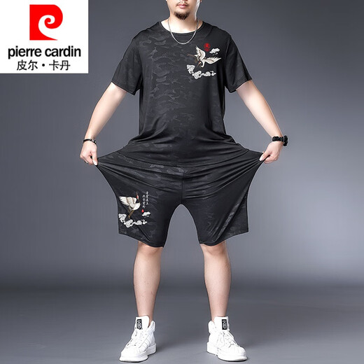 皮尔卡丹品牌高档男装220斤胖子套装肥佬冰丝速干T恤男胖子加肥加大码男装夏季休闲运动短袖短裤套装 黑色9922套装 收藏加购优先发货 2XL