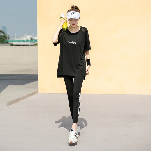Zuolangdi yoga suit women's fitness suit summer new large size fat mm loose slimming running sports suit black three-piece set M (42-52KG recommended)