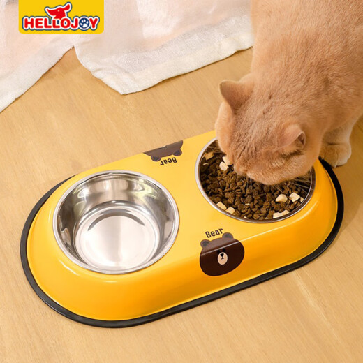 HELLOJOY Cat Bowl Dog Bowl Dog Bowl Pet Double Bowl Stainless Steel Cat Food Bowl Anti-Tip Dog Food Bowl Yellow Small