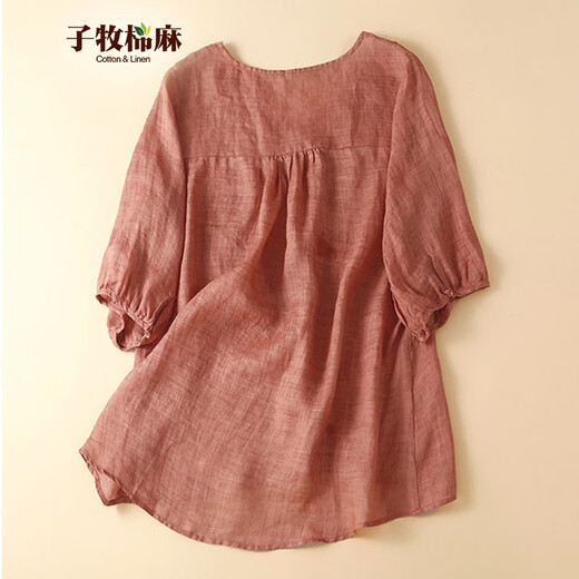 Zimu Cotton Leinen 2023 Sommerkleidung für Frauen, literarische, vielseitige, lose, retro und modische Oberseite, kurzärmeliges Hemd, 6296 Brick Red M (Empfohlen 95-115 Jin [Jin ist 0,5 kg]))