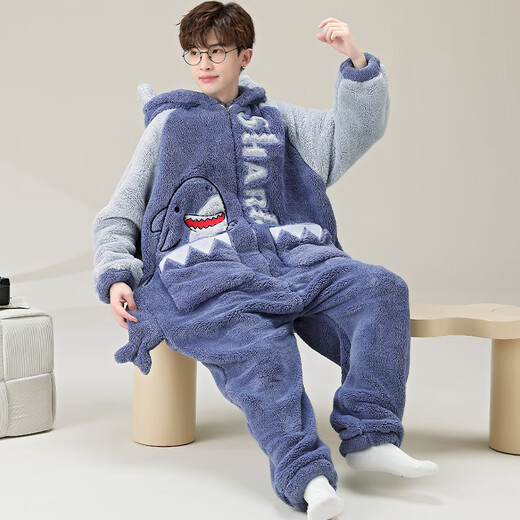 少年情话男士睡衣珊瑚绒秋冬款加绒加厚青少年休闲家居服套装可外穿连体衣 YPF3892鲨鱼 男XL(130-155斤)