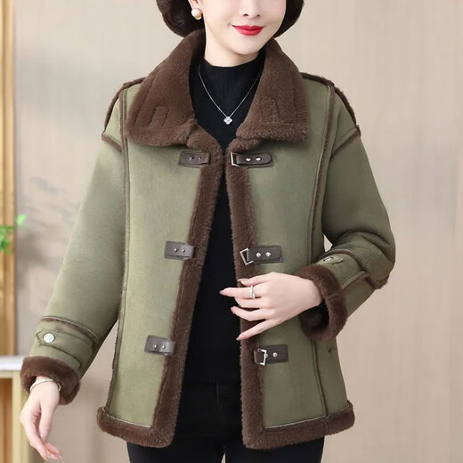 皮尔卡丹（pierre cardin）妈妈冬装加绒加厚皮毛一体短款外套女中老年女装羊羔鹿皮绒机车服 咖色 XL 建议90-110斤