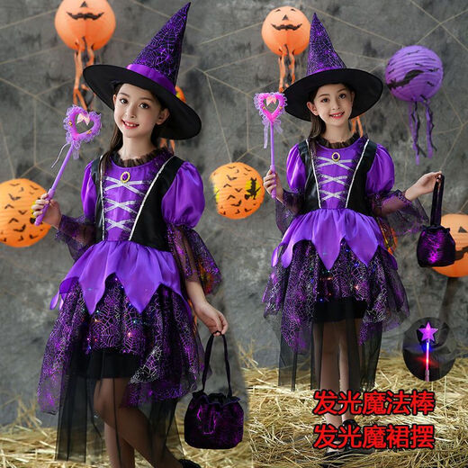 Stoffkatze Halloween Kostüm Kinder 3-12 Jahre altes Mädchen Prinzessin Kleid Halloween Little Witch Kleidung Masquerade Show Rock + Hut + leuchtender Rock + Kürbisbeutel 160 cm
