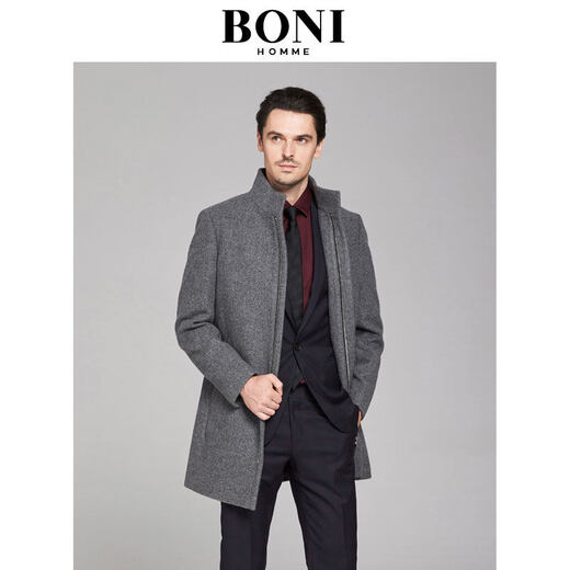 BONI/堡尼毛呢大衣男中长款秋冬商务立领羊毛大衣外套男BE883341B 专柜同款 灰色 165