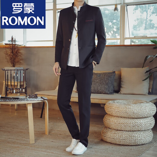 罗蒙（ROMON）中山装男青年中华立领西服套装男士唐装休闲外套男春秋季结婚礼服 107灰白色上衣+衬衫+裤子 XL