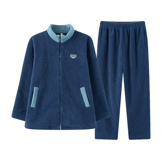 Fenton Couple Pajamas Autumn and Winter Thickened Outdoor Lapel Anti-static Double-Sided Imitation Sherpa Home Clothes Pajamas Set Dark Blue-Men's XL
