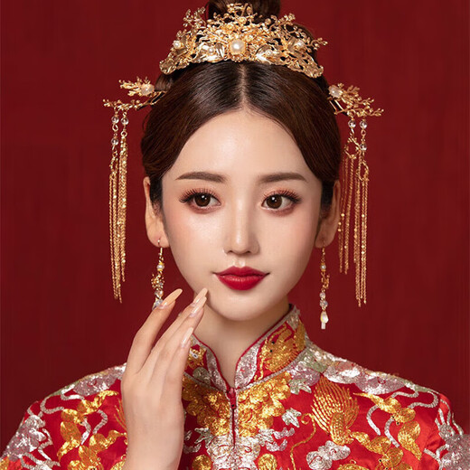 Dingjing bride Xiuhe dress headdress golden phoenix crown new Chinese style wedding tassel hair accessories high-end crown earrings set accessories