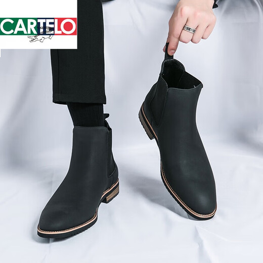 Cartelo Chelsea Boots Herren Herbst Atmungsfreie Mitte-Top-Martin-Stiefel Britische Steigerung von High-Top-Lederschuhen Herren Kurzstiefel 8588-10 Schwarz 42 Standard Lederschuhgröße