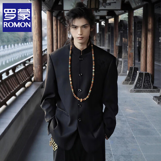 罗蒙（ROMON）新中式中山装国风立领宽松西服套装男中式高级感结婚订婚礼服唐装 黑色【上衣+裤子+立领白衬衫】 L