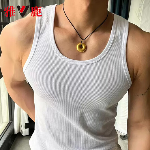 雅鹿背心男100%纯棉粗螺纹白色圆领大码紧身弹性运动健身透气吸汗背心 黑色【100%棉】 XL 建议120-140斤