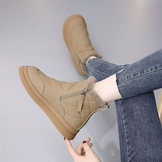 Belle warm snow boots for women 2025 new winter plus velvet thickened non-slip waterproof snow cotton women winter cotton shoes short boots khaki 35