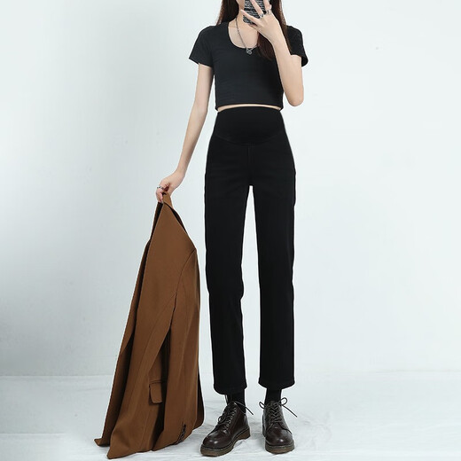 Nanding Yage Maternity Pants Autumn and Winter Outerwear New Straight Leg Pants Nine-Point Jeans Plus Velvet Stretch Cigarette Pants Autumn and Winter Clothes Black L110-125Jin Jin is equal to 0.5 kg